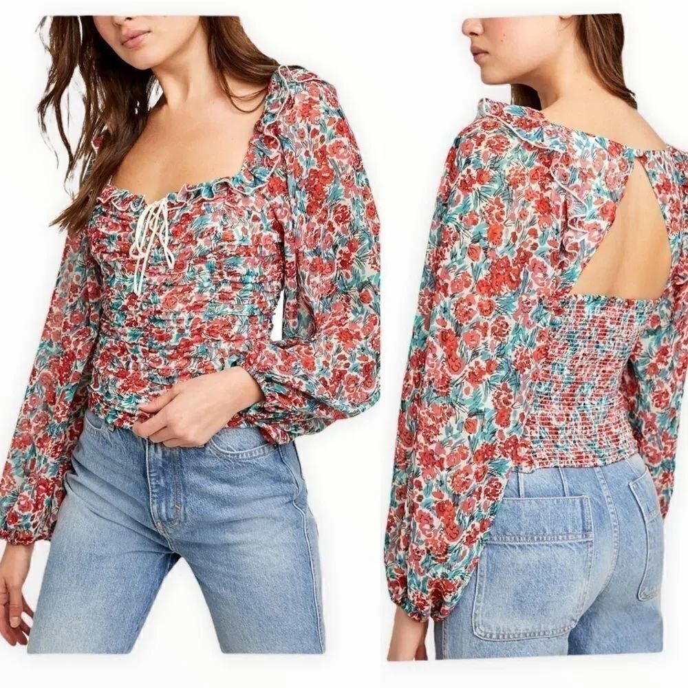 Free People Mabel Printed Smoked Back Blouse